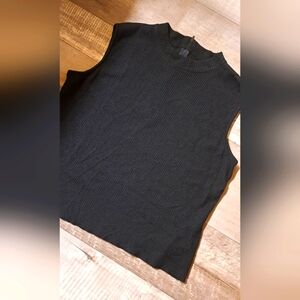 ST JOHN Ribbed Sweater Tank BASICS Mock Neck Zip Back Sleeveless Black LRG